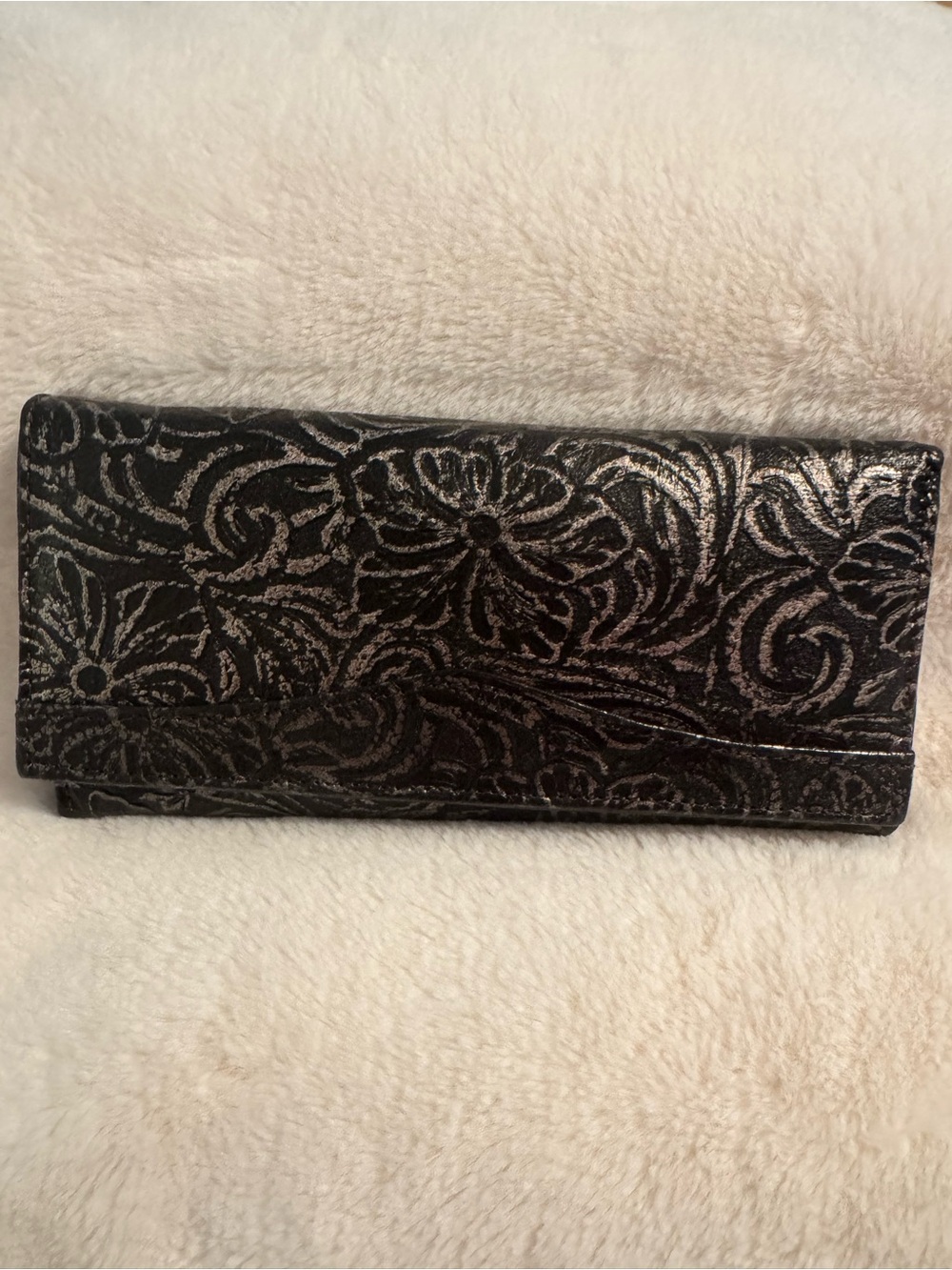 Leather Mexican Black & Silver Floral Embossed Clutch Wallet